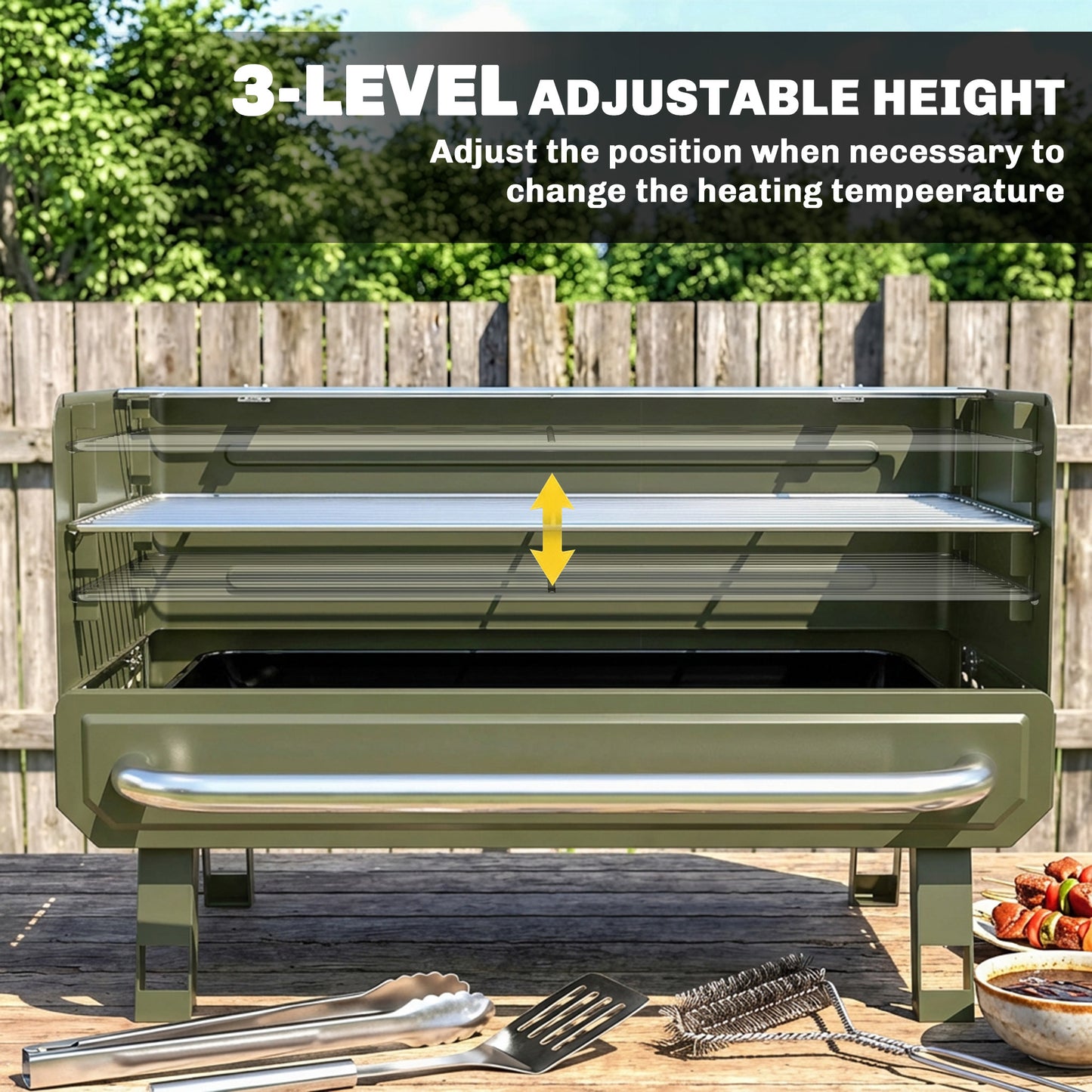 Portable Charcoal BBQ Grill | 3 Adjustable Grate Heights | 304 Stainless Steel | Foldable Legs | Side Shelf | No Assembly | 52x37x31.8cm | Green