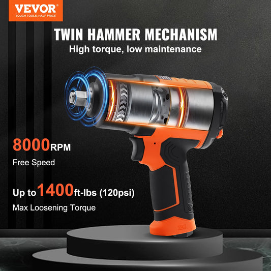 VEVOR 1/2 Inch Air Impact Wrench Rachet Socket High Torque Up to 1400 ft-lbs Pneumatic Impact Gun with Steel Impact Socket Set for Auto Repair