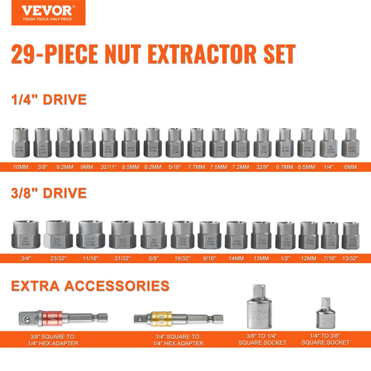 29 Piece Bolt Extractor Set Bolt and Nut Remover Set 6mm to 10mm 13/32" to 3/4" CR-MO Steel Extraction Socket Set with Case