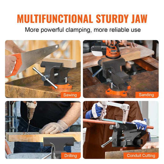 Bench Vice Multipurpose With Swivel Base And Anvil Heavy Duty Cast Iron For Drilling, Conduit Cutting, Sanding Strong Heavy Duty Workbench Tool
