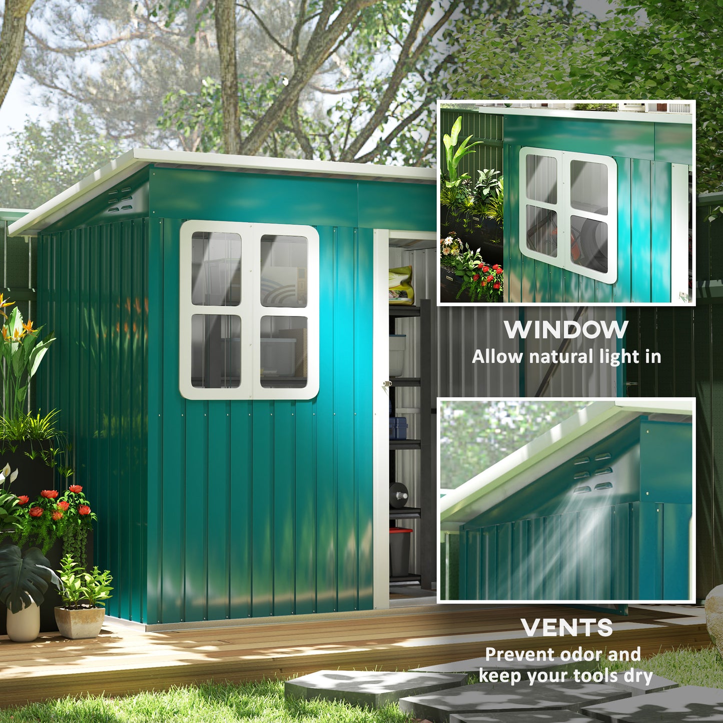 7 x 4ft Storage Shed Galvanised Steel Garden Metal Shed with Foundation Kit, Window, Lockable Wide Door and Air Vents for Outdoor Patio, Green