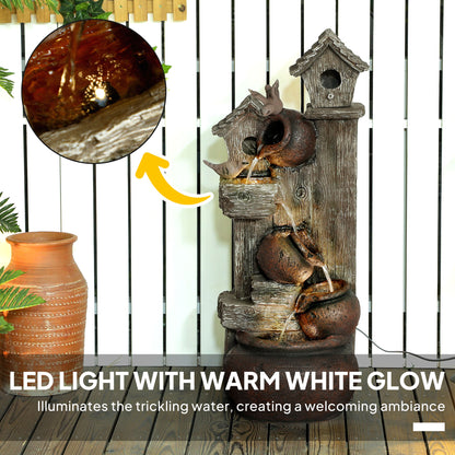 2-in-1 Waterfall Fountain with Birdhouse, Resin Garden Water Fountain with LED Lights Pump, Cascading Garden Water Feature with Tree Trunk Design