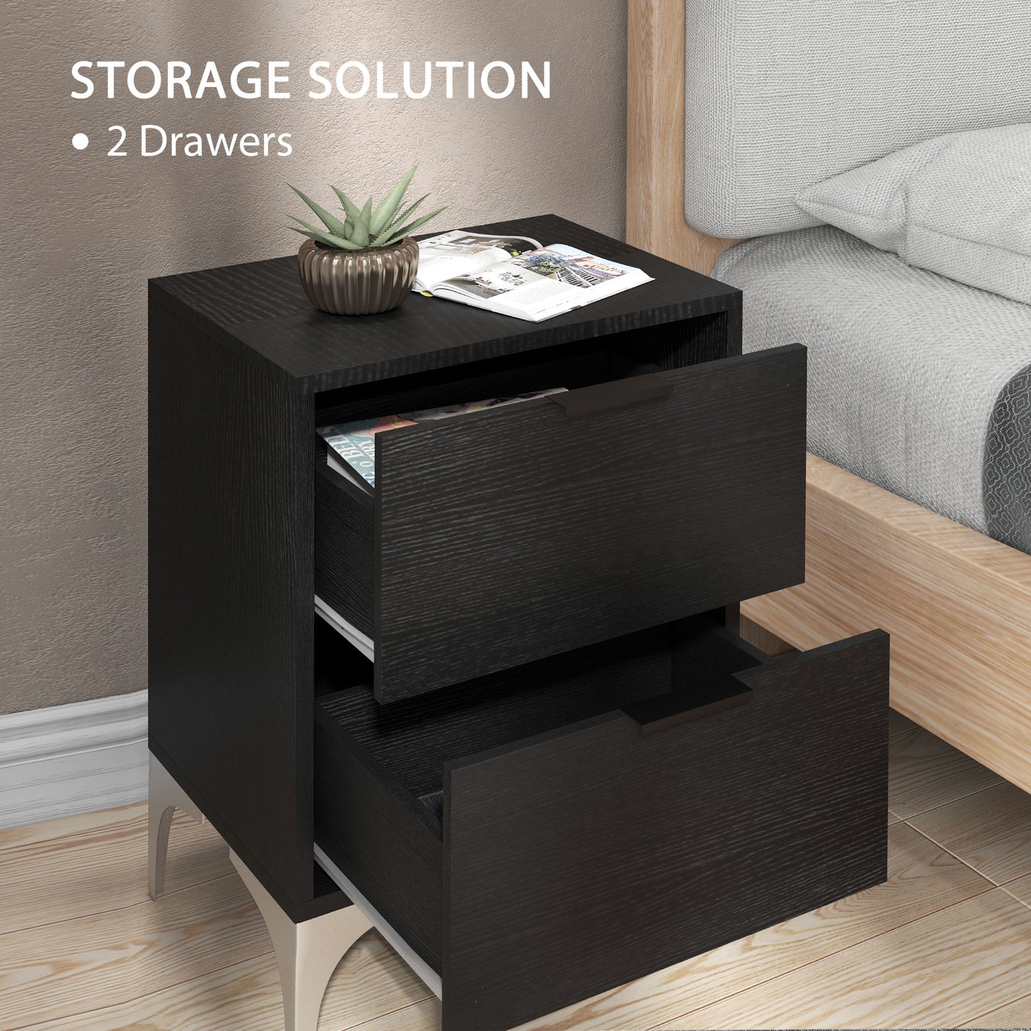 Bedside Tables Set of 2, Modern Nightstand with 2 Drawers, Small Sofa End Tables with Storage and Steel Legs for Bedroom, Living Room, Black