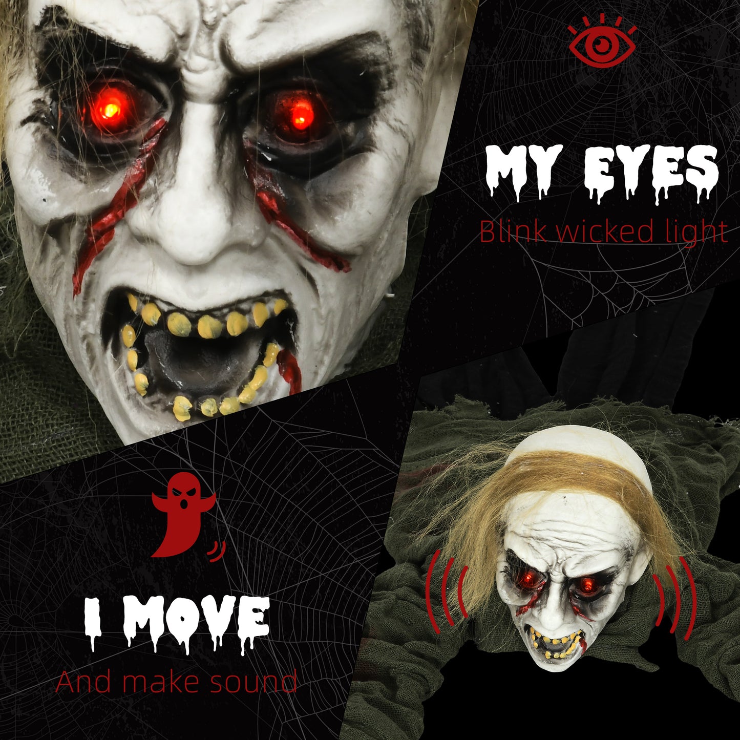 167 cm Outdoor Halloween Decoration Crawling Zombie, Animated Prop Decor with Sound Activated, Light Up Eyes