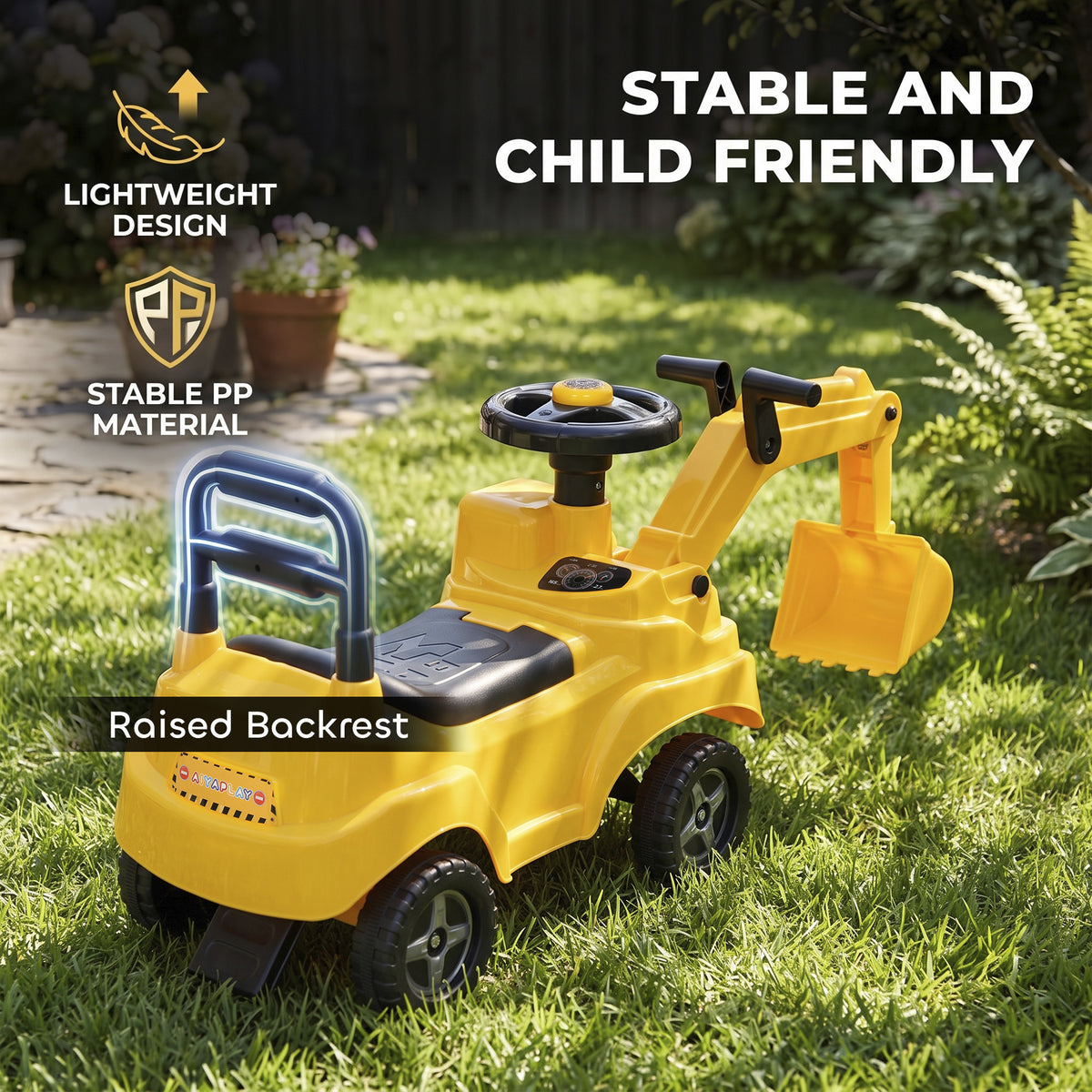 Kids Ride On Excavator Digger Toy | 33cm Manual Digger Arm & Separate Bucket | Forward Backward & Turning | Horn Steering Wheel & Air Horn | Under-Seat Storage | PP Body | 15kg Max | 77x26.5x39cm | Ages 1–3 | Yellow
