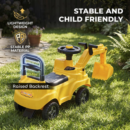 Kids Ride On Excavator Digger Toy | 33cm Manual Digger Arm & Separate Bucket | Forward Backward & Turning | Horn Steering Wheel & Air Horn | Under-Seat Storage | PP Body | 15kg Max | 77x26.5x39cm | Ages 1–3 | Yellow