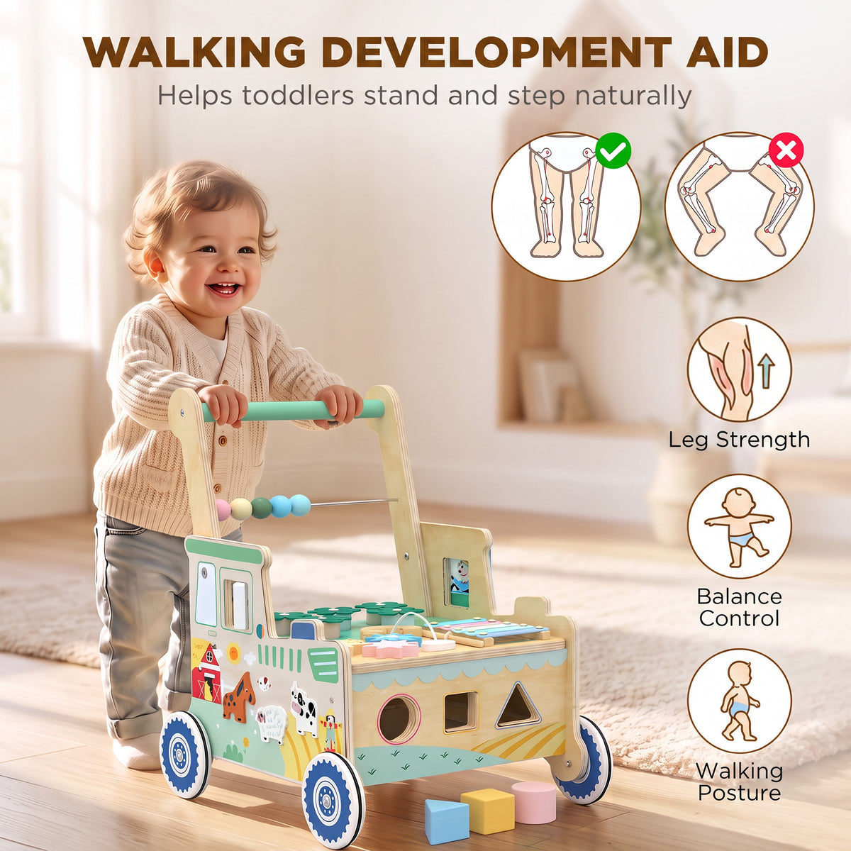 Wooden Baby Walker | Multifunction Activity Centre with Shape & Colour Learning, Toy Storage & Push-Along Support | 1-3 Years | Green & Natural