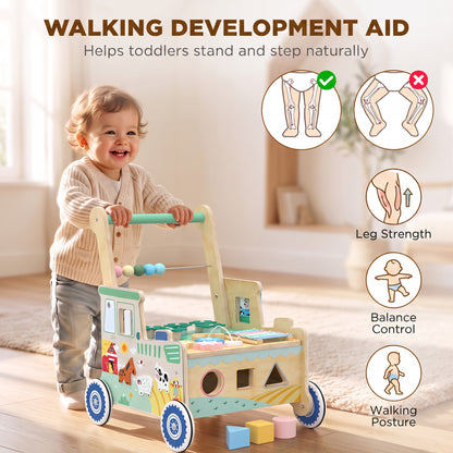 Wooden Baby Walker | Multifunction Activity Centre with Shape & Colour Learning, Toy Storage & Push-Along Support | 1-3 Years | Green & Natural