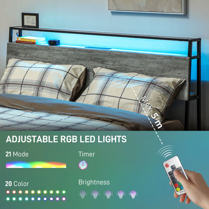 King Steel Bed Frame, with LED Lights and Headboard Shelf - Grey