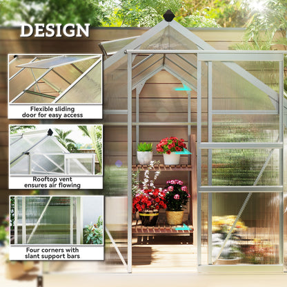Walk-In Polycarbonate Greenhouse | 6x8ft | Aluminium Frame | Sliding Door | Roof Vent | 40kg/m² Snow Load | Silver
