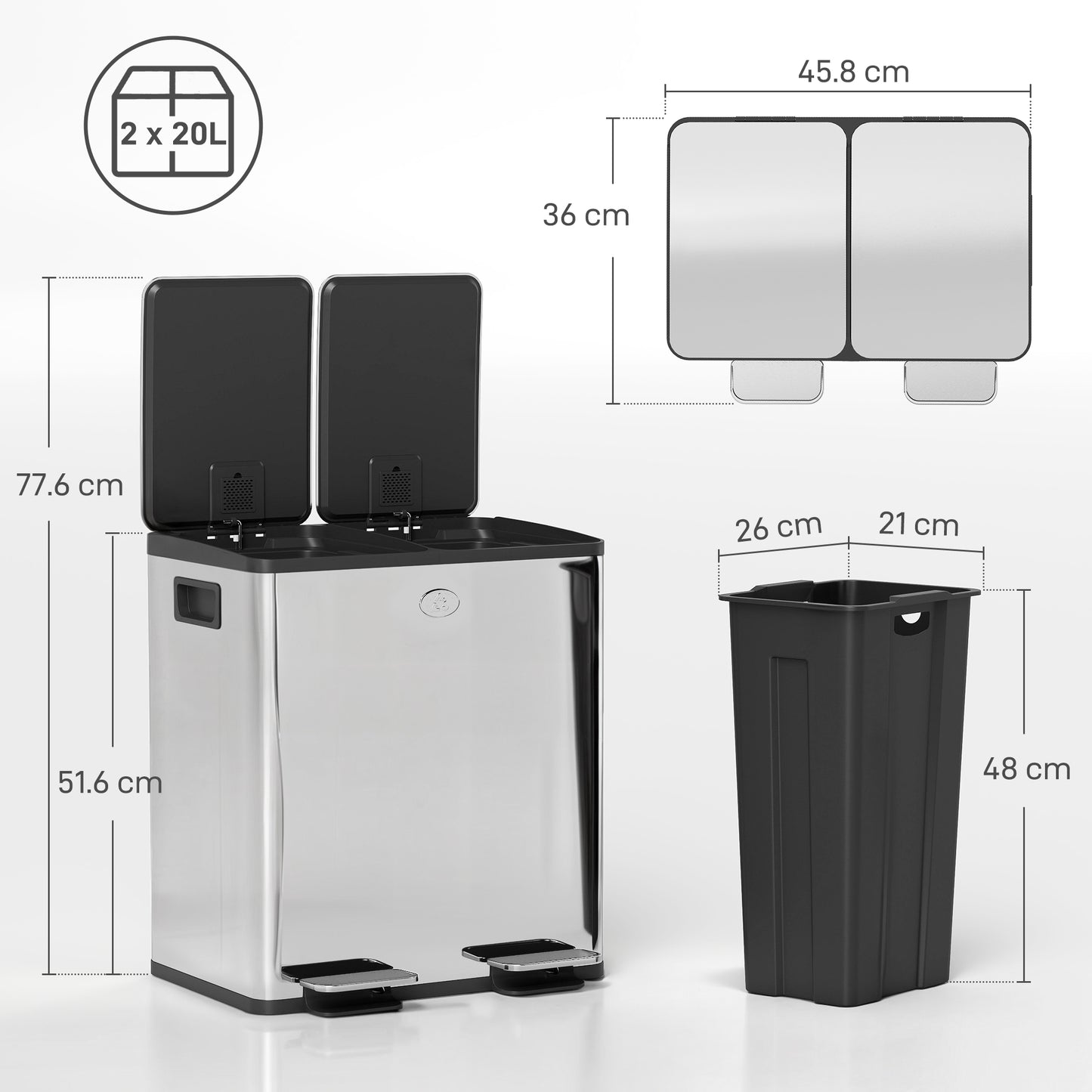 40L Dual Compartment Stainless Steel Bin, with Deodoriser Holders - Silver Tone / Gold Tone