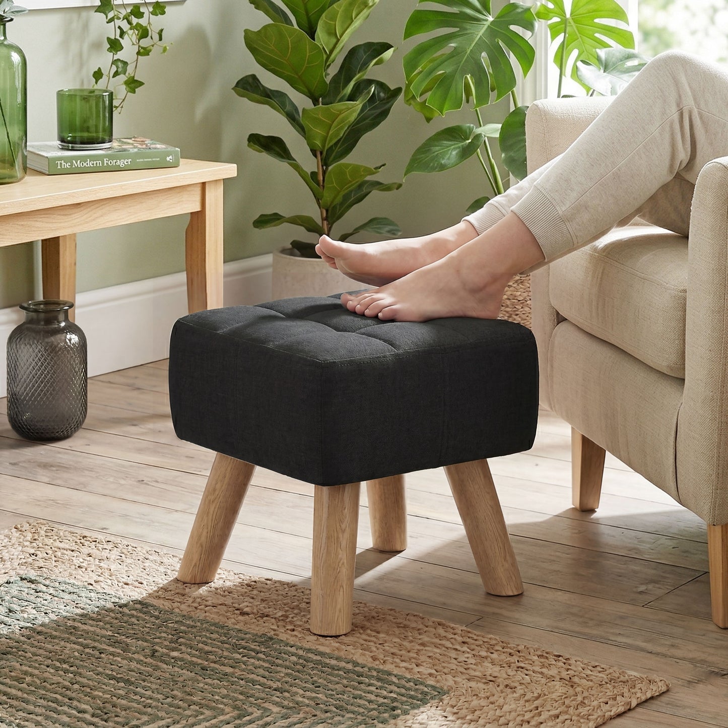Square Padded Footstool Ottoman Pouffe | Tufted Linen-Look | Black