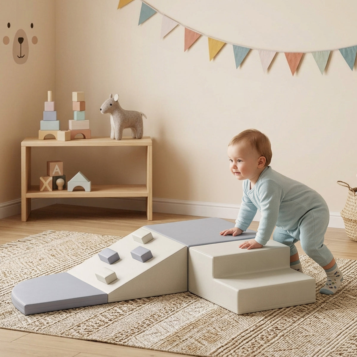 AIYAPLAY 4-Piece Toddler Soft Play Climbing Set | Foam Ramp, Steps & Blocks | Wipe-Clean PU | Light Grey & Beige | Ages 1–3