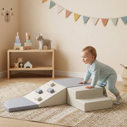 AIYAPLAY 4-Piece Toddler Soft Play Climbing Set | Foam Ramp, Steps & Blocks | Wipe-Clean PU | Light Grey & Beige | Ages 1–3