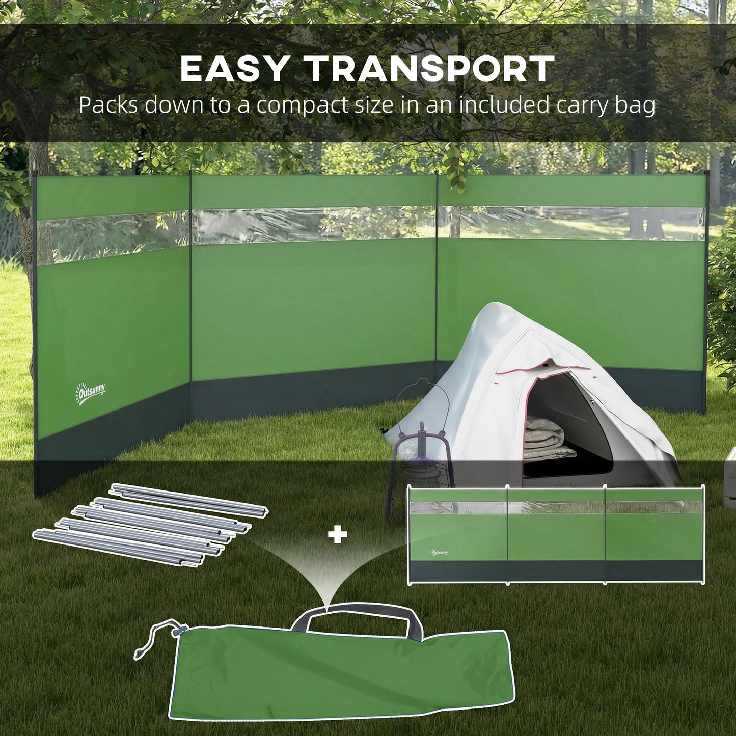 Outsunny Camping Windbreaker with Clear Windows and Steel Poles, for Beach Caravan Campervan, 440 x 140cm, Army Green