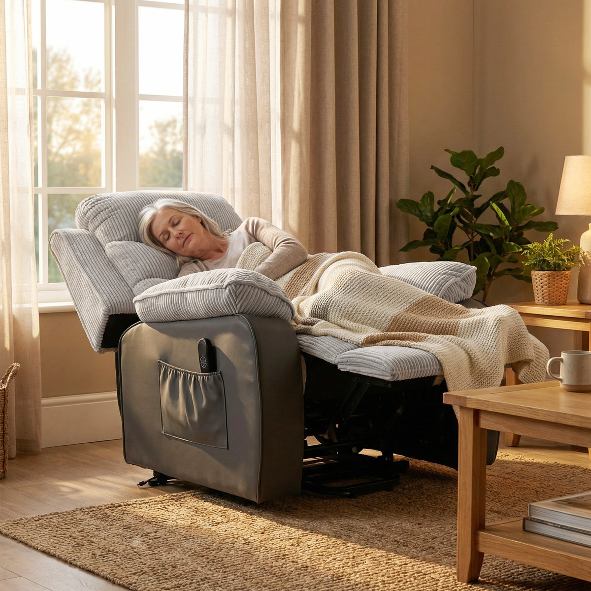 Power Lift Recliner Chair for Elderly | 150° Recline | Pocket Spring & Foam | USB Port | Side Pockets | 120kg | Corduroy | Light Grey