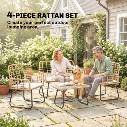 4 Piece Rattan Garden Furniture Set | Loveseat | 2 Armchairs | Coffee Table | Tempered Glass Top | PE Rattan & Metal Frame | High-Density Cushions | Washable Covers | Natural Wood