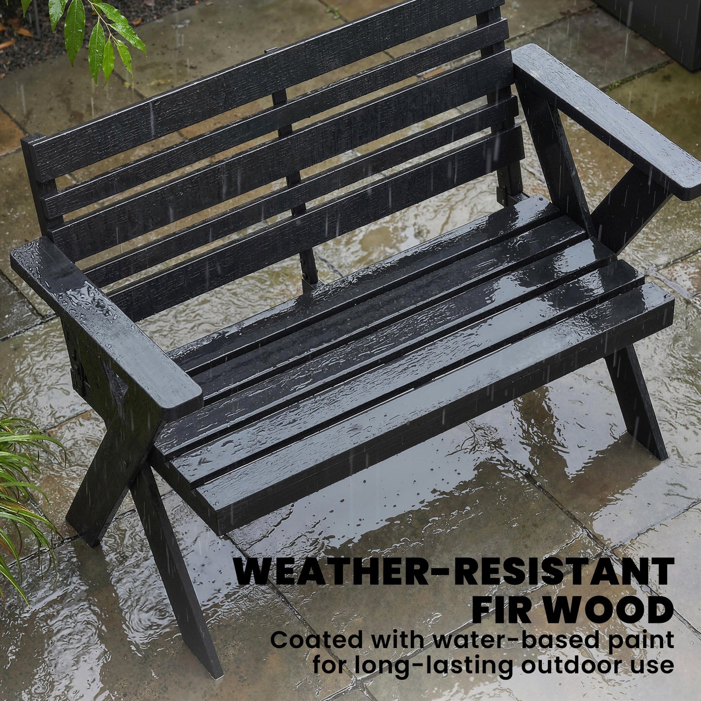 2-Seater Wooden Garden Bench | X-Frame Legs | Armrest & Backrest | 240kg | Fir Wood | Black
