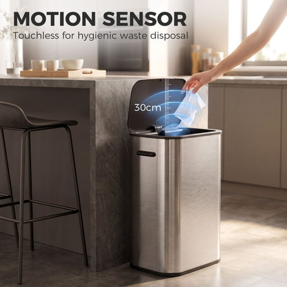 55L Touchless Sensor Bin | Automatic Motion-Activated Kitchen Waste Bin | Soft-Close Lid | Stainless Steel | Silver