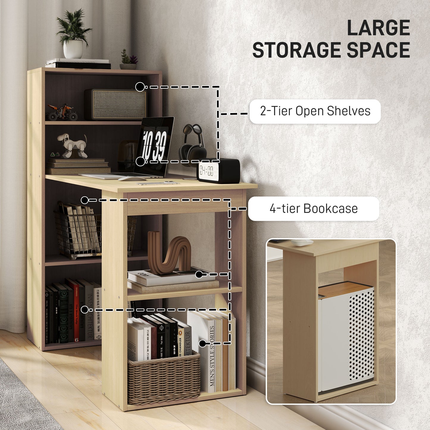 120cm Modern Computer Desk Bookshelf Study Table Workstation PC Laptop Writing Home Office 6 Shelves, Natural Wood Finish