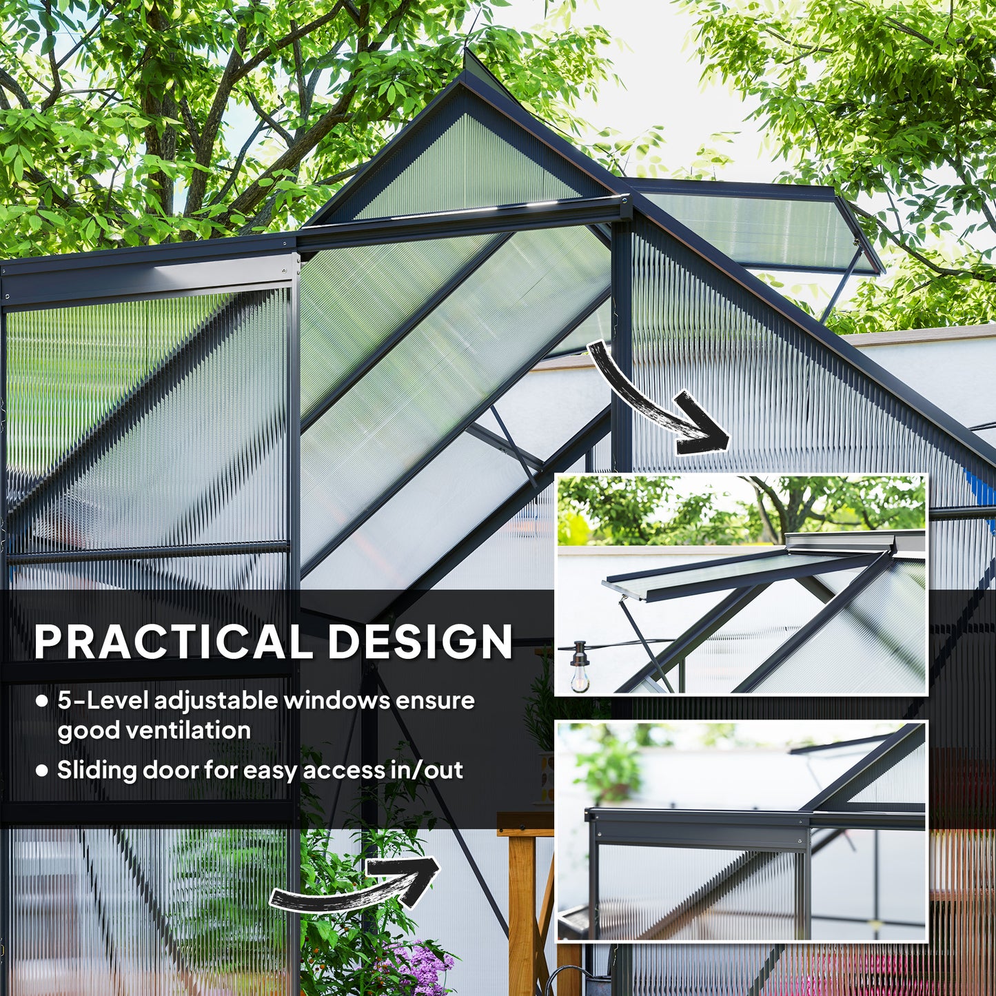 Outsunny 190 x 190cm Walk-In Polycarbonate Greenhouse - Grey