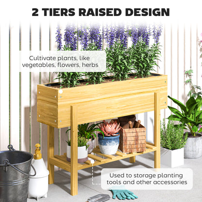 Wooden Raised Garden Bed, Elevated Planter Box with Bed Liner, Drainage Holes and Storage Shelf, Raised Planter for Vegetables, Flowers, Herbs, Natural Wood Finish