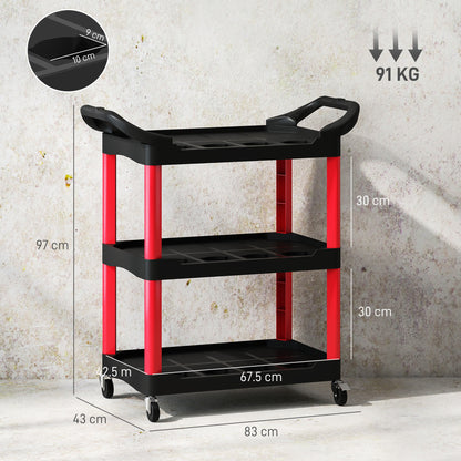 3-Tier Rolling Tool Cart, Tool Trolley on Wheels, Plastic Mobile Service Utility Cart W/ Handles for Garage, Mechanics and Warehouse, 91kg Capacity