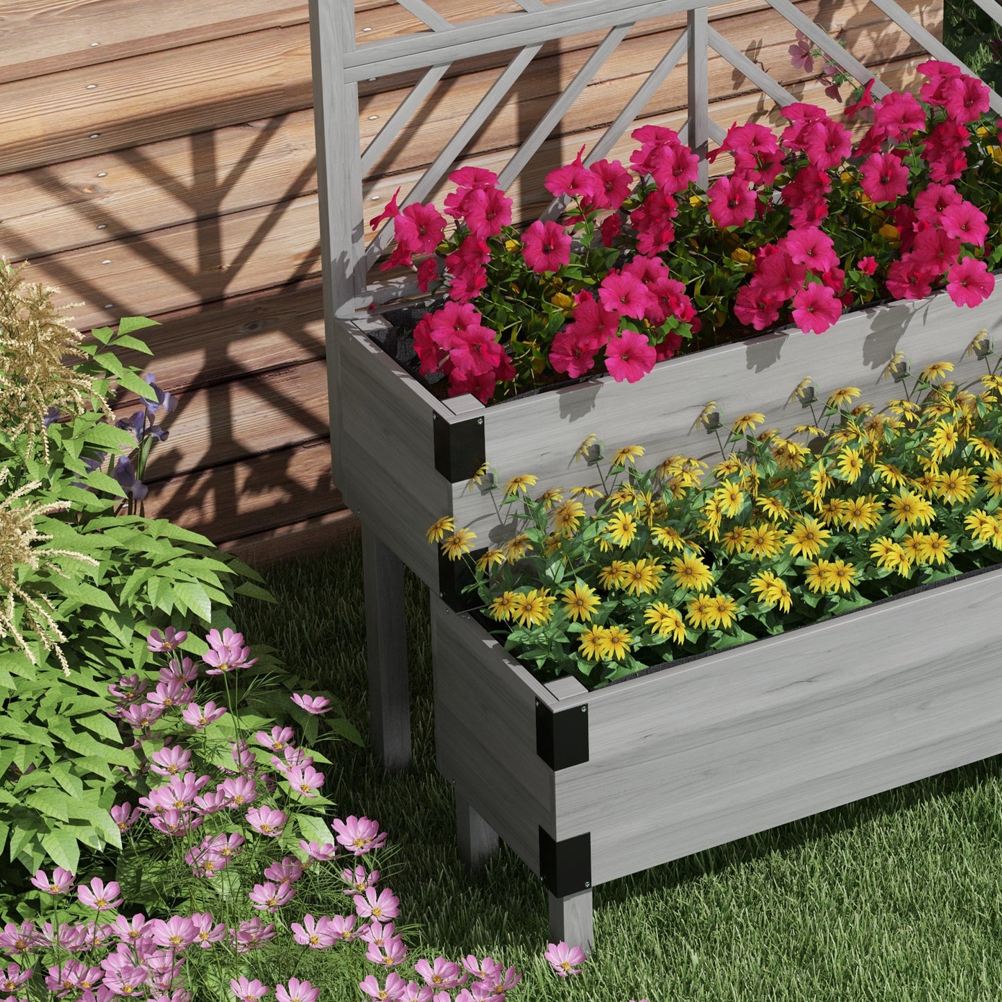 2-Tier Elevated Wooden Raised Garden Bed with Trellis | 2 Planter Boxes | Non-Woven Liner | Drainage Holes | Metal Corner Brackets | 40kg | 108x62.5x140cm | Veg Flowers & Herbs | Grey
