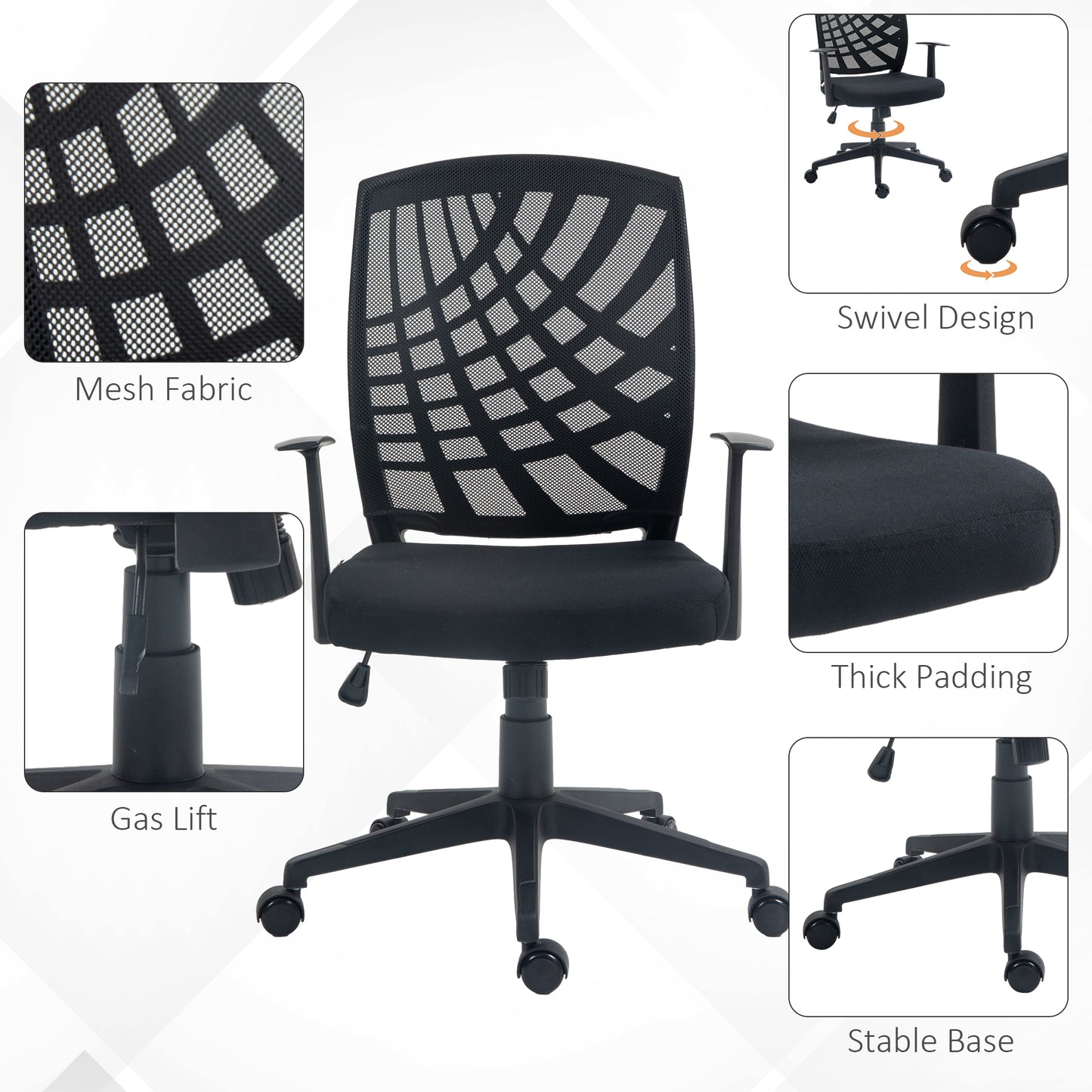 Ergonomic Office Chair, Height Adjustable Mesh Chair, Desk Chair with Swivel Wheels for Home Office, Black