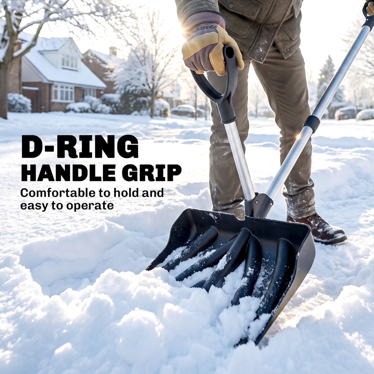 Heavy-Duty Snow Shovel with Assist Handle | Metal-Edged 45x33cm Blade | Dual D-Ring Grip | Detachable Oxidised Aluminium Handle | 45x37x135cm | Paved Surfaces & Light Snow | Black