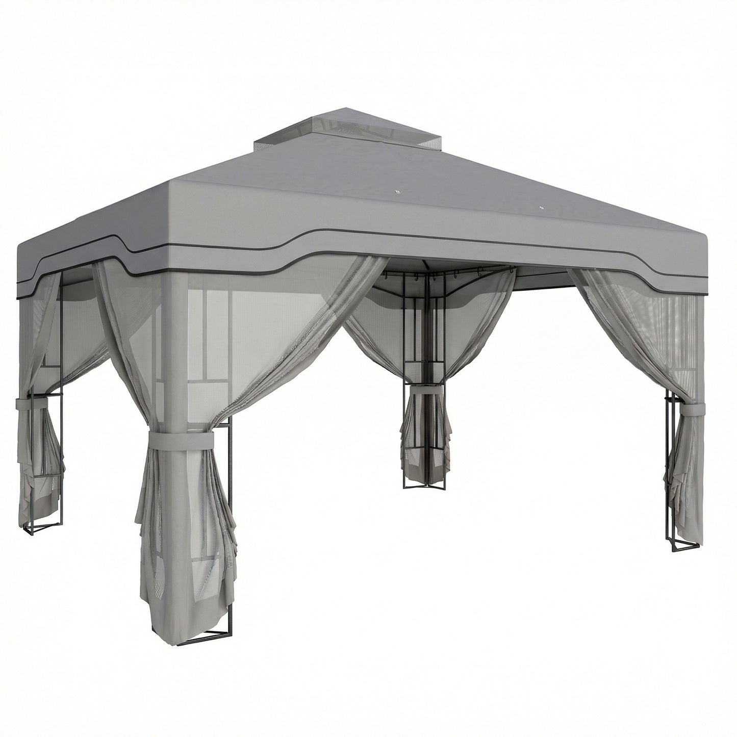 3x3.6m Permanent Garden Gazebo | Double-Tier UPF50+ Roof | Mesh Panels | Integrated Corner Shelves | Ceiling Hook | Triangular Powder-Coated Posts | Expansion Screws | Ground Stakes | Dark Grey