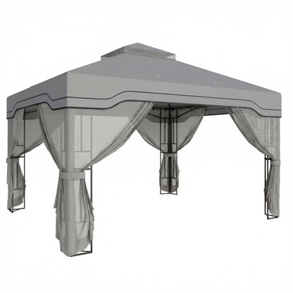 3x3.6m Permanent Garden Gazebo | Double-Tier UPF50+ Roof | Mesh Panels | Integrated Corner Shelves | Ceiling Hook | Triangular Powder-Coated Posts | Expansion Screws | Ground Stakes | Dark Grey