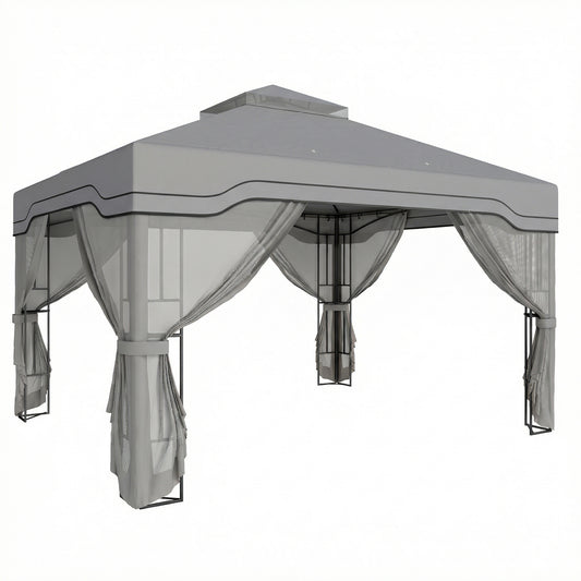 3x3.6m Permanent Garden Gazebo | Double-Tier UPF50+ Roof | Mesh Panels | Integrated Corner Shelves | Ceiling Hook | Triangular Powder-Coated Posts | Expansion Screws | Ground Stakes | Dark Grey