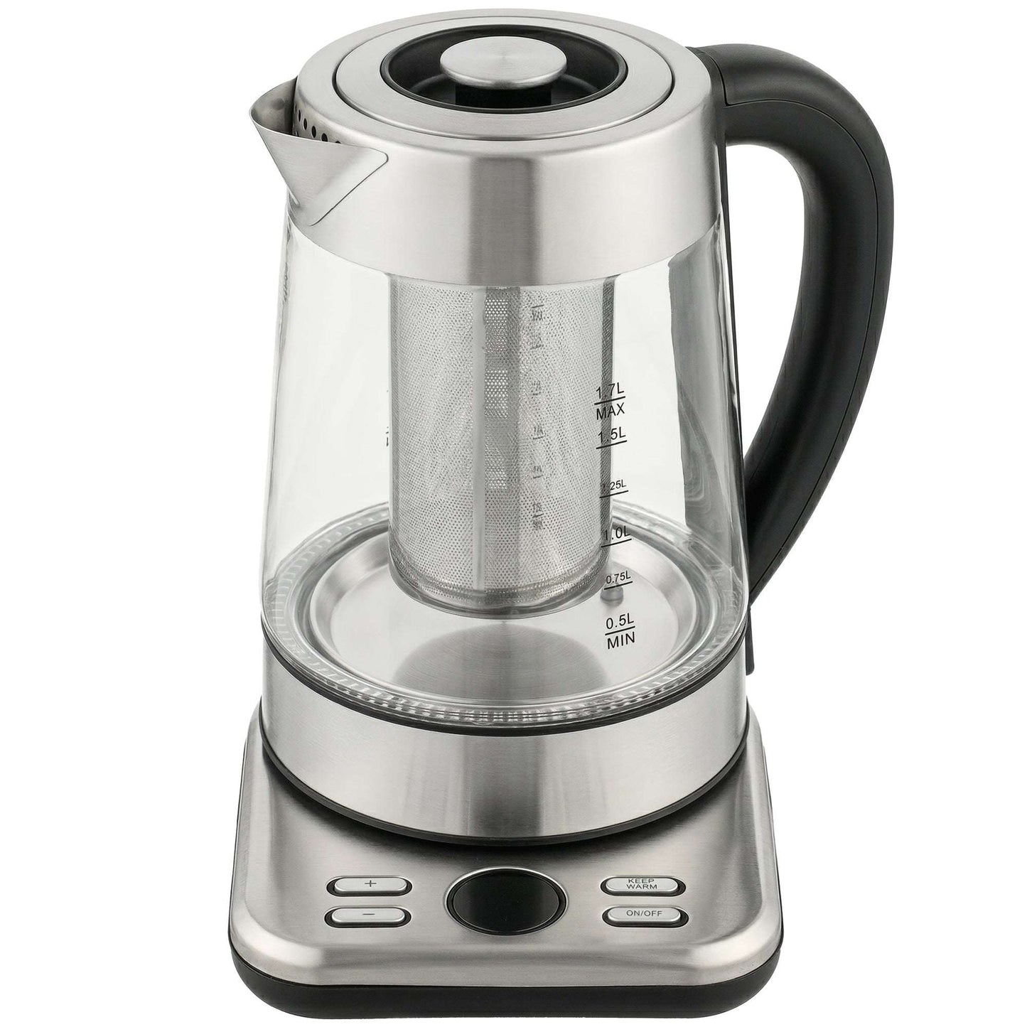 1.7L Glass Electric Kettle | 3000W Strix Controller | 5 Temperature Presets 60-100°C | 2hr Keep-Warm | Built-In Tea Infuser | LCD Display | Stainless Steel Base | 70cm Cable | Silver