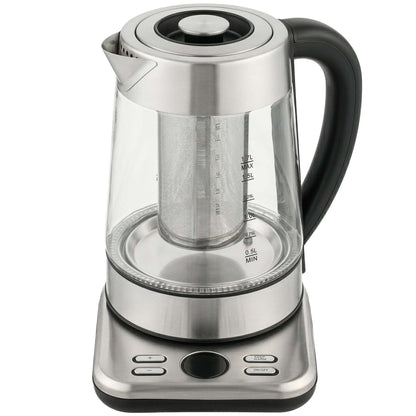1.7L Glass Electric Kettle | 3000W Strix Controller | 5 Temperature Presets 60-100°C | 2hr Keep-Warm | Built-In Tea Infuser | LCD Display | Stainless Steel Base | 70cm Cable | Silver
