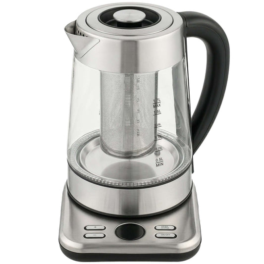 1.7L Glass Electric Kettle | 3000W Strix Controller | 5 Temperature Presets 60-100°C | 2hr Keep-Warm | Built-In Tea Infuser | LCD Display | Stainless Steel Base | 70cm Cable | Silver