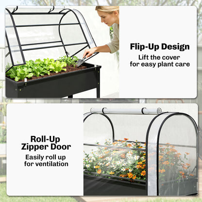 Raised Garden Bed on Legs with Flip-Up Greenhouse Cover | Transparent | Zipped Roll-Up Door | Removable Cover | 0.6mm Metal | Drainage Hole | 80kg | 100x49x136cm | Black