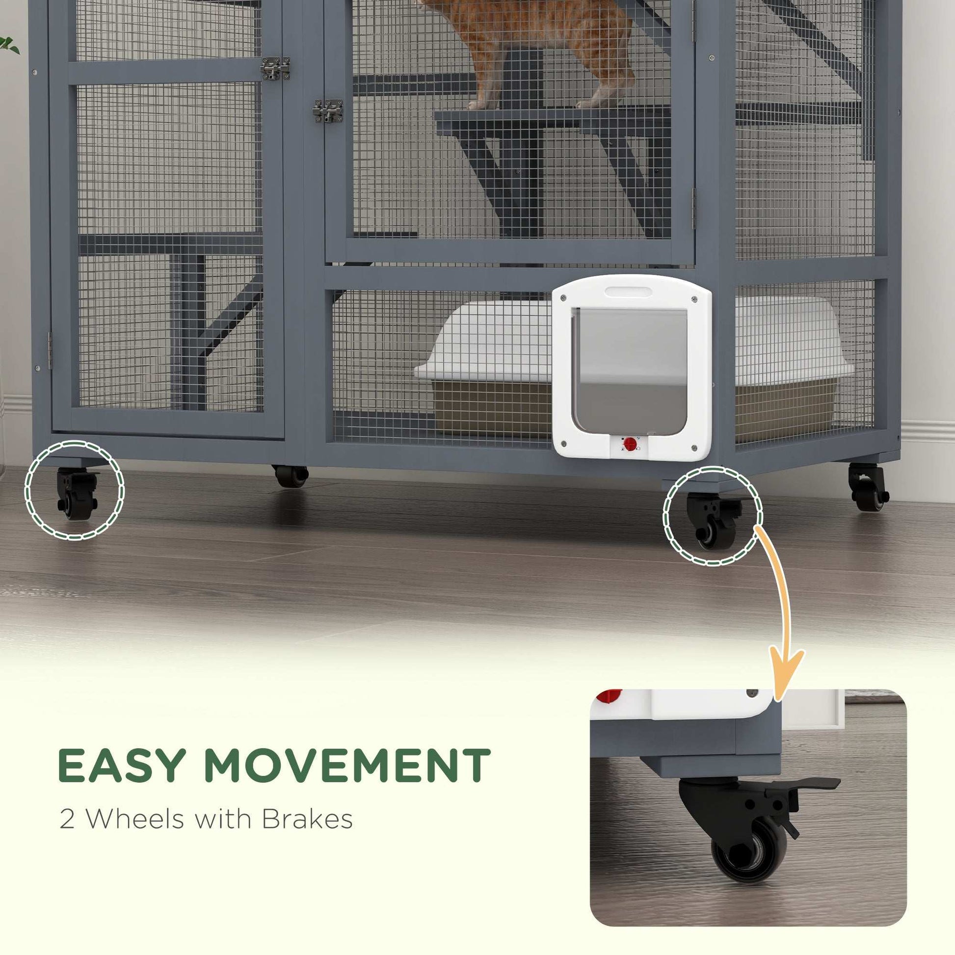 PawHut Cat Cage House, Catio Cat Outdoor Enclosure on Wheels, Weather-Resistant Wooden Kitty Cage W/ Platforms, 100L x 60W x 110Hcm - Light Grey