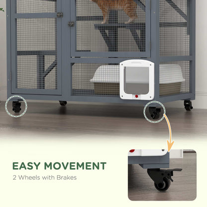 PawHut Cat Cage House, Catio Cat Outdoor Enclosure on Wheels, Weather-Resistant Wooden Kitty Cage W/ Platforms, 100L x 60W x 110Hcm - Light Grey