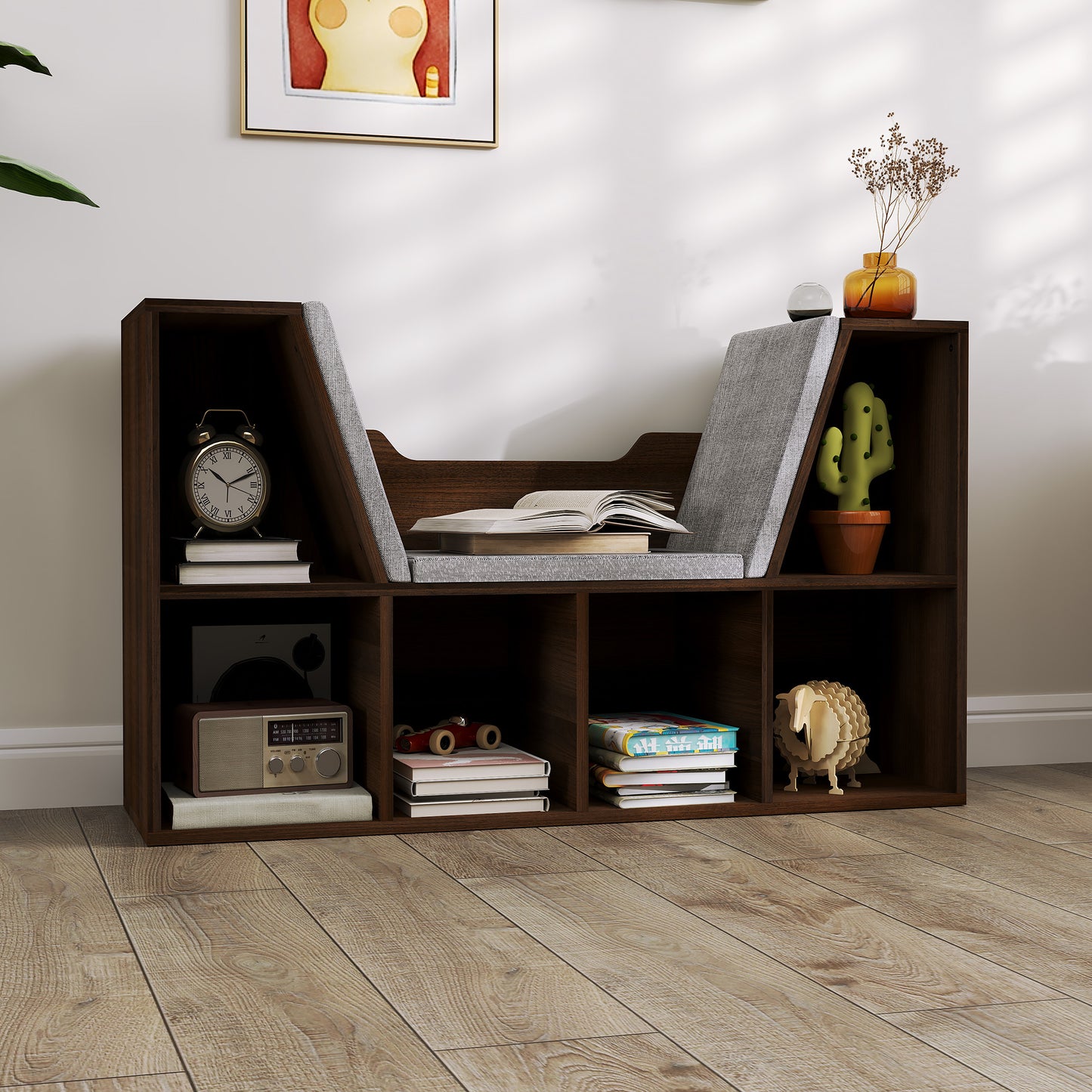 Bookcase Storage Shelf with Cushioned Reading Seat, Cube Bookshelf Organizer for Bedroom Living Room, Chestnut