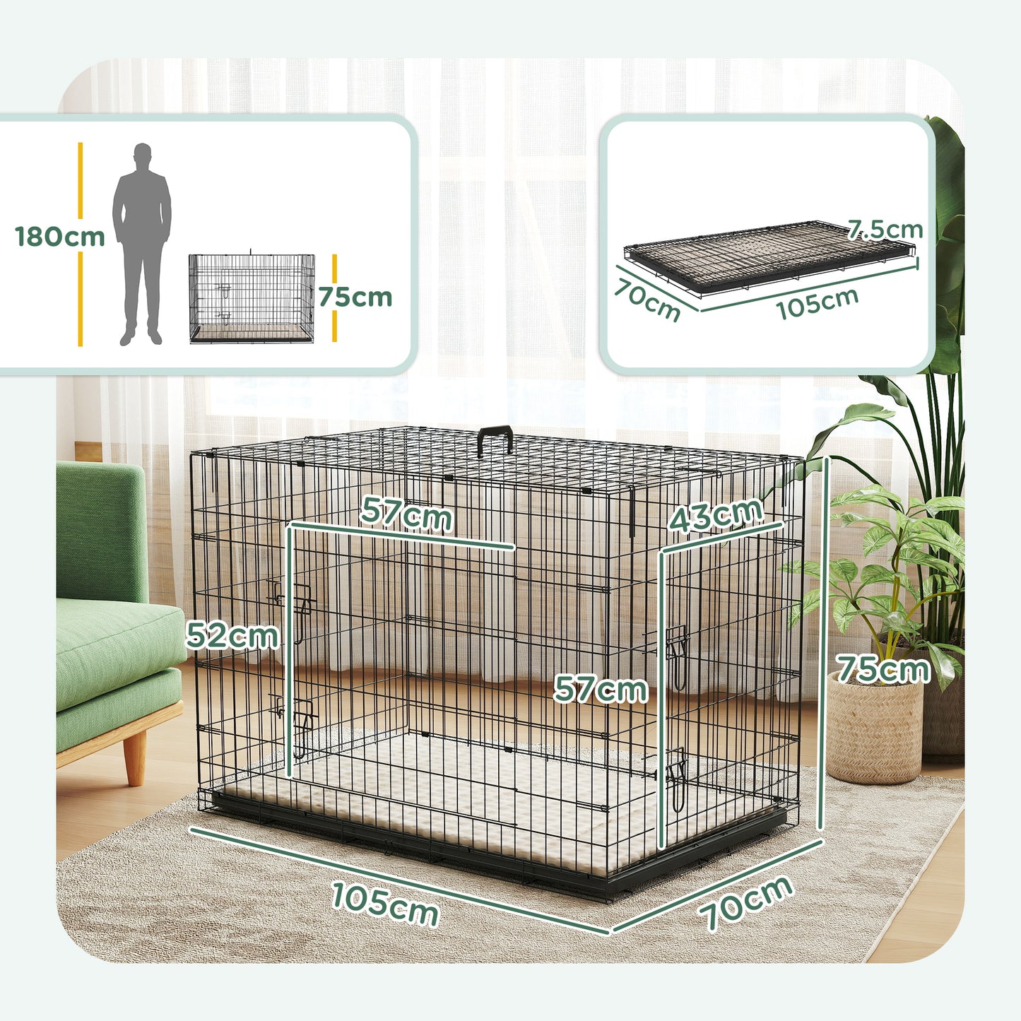 Foldable Dog Crate XL | 2 Doors | Soft Washable Cushion | Removable ABS Tray | Extra Large Dogs up to 40kg | 105 x 70 x 75cm | Black