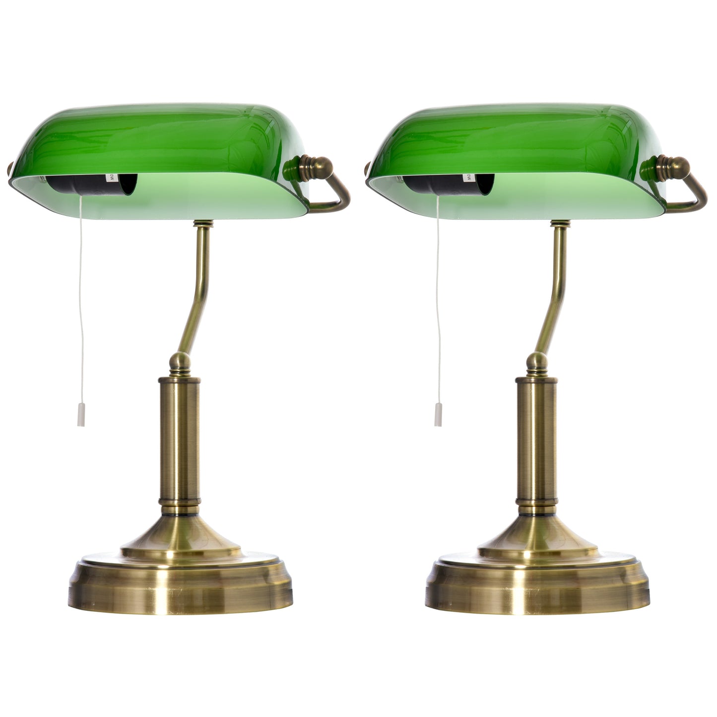 Set of 2 Banker's Desk Lamps | Green Glass Shade | Antique Brass Base | Pull Rope Switch