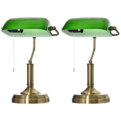 Set of 2 Banker's Desk Lamps | Green Glass Shade | Antique Brass Base | Pull Rope Switch