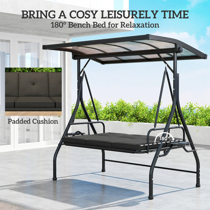 3 Seater Garden Swing Seat Chair Bed with UPF30+ Adjustable Canopy, Convertible W/ Cushion, Outdoor Hammock Bench W/ Cup Trays
