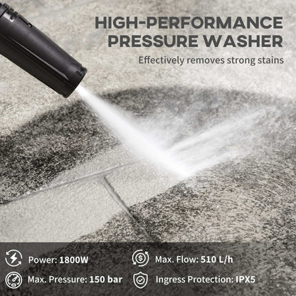 DURHAND 1800W High Pressure Washer, 150 Bar Pressure, 510 L/h Flow, High-Performance Portable Power Washer Jet Wash Cleaner with 6M Hose