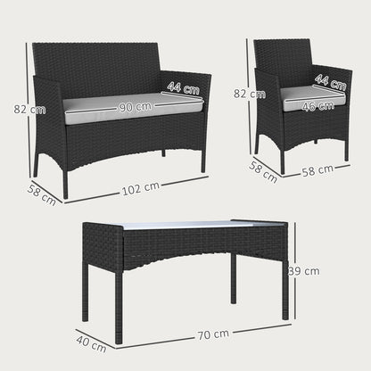 4-Piece PE Rattan Garden Sofa Set | Loveseat | 2 Armchairs | Tempered Glass Coffee Table | Powder-Coated Steel Frame | 2000h UV-Resistant PE Rattan | 5cm Zip Cushions | Protective Foot Pads | 240kg Loveseat Capacity | Black