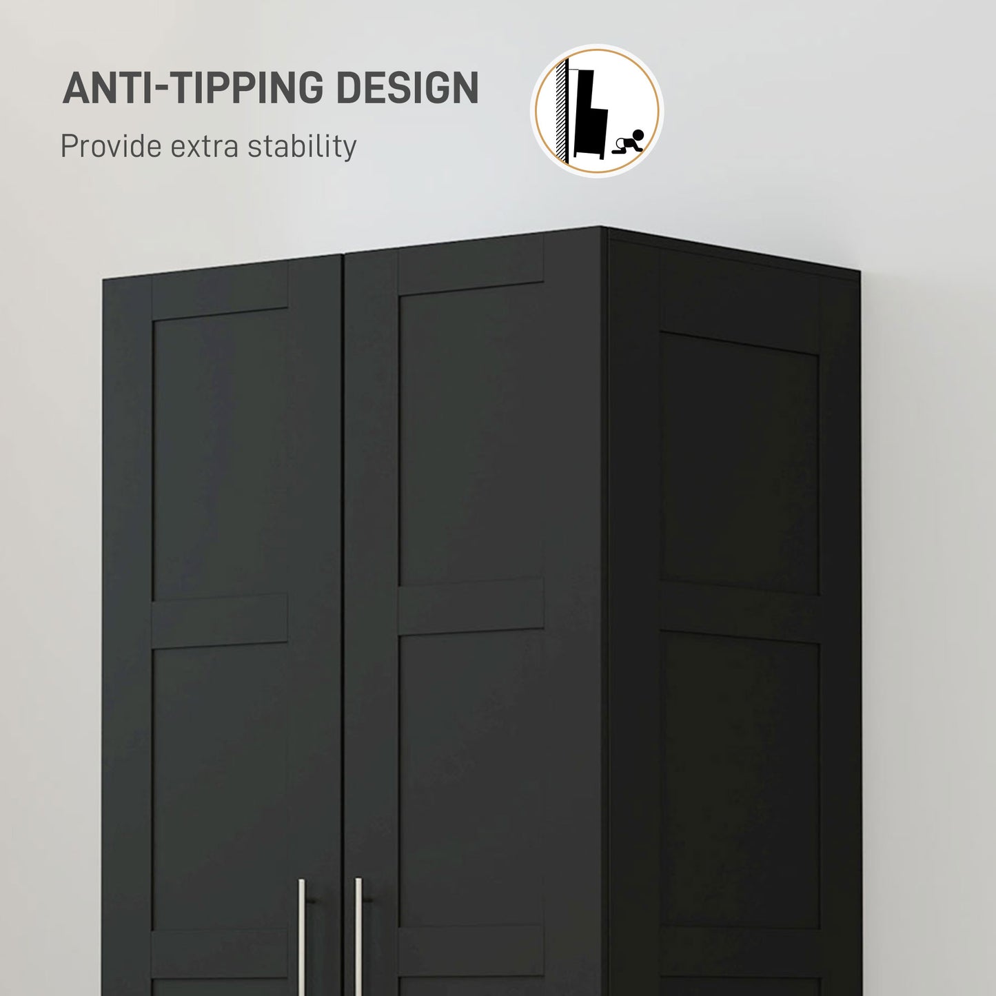 Double Paneled Door Wardrobe, with Shelves - Black