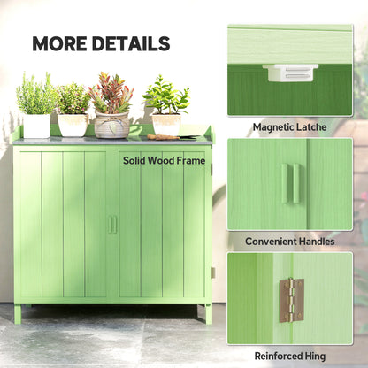 Wood Garden Storage Cabinet, Outdoor Tool Shed, Potting Bench Table with galvanised Top and Two Shelves, Green