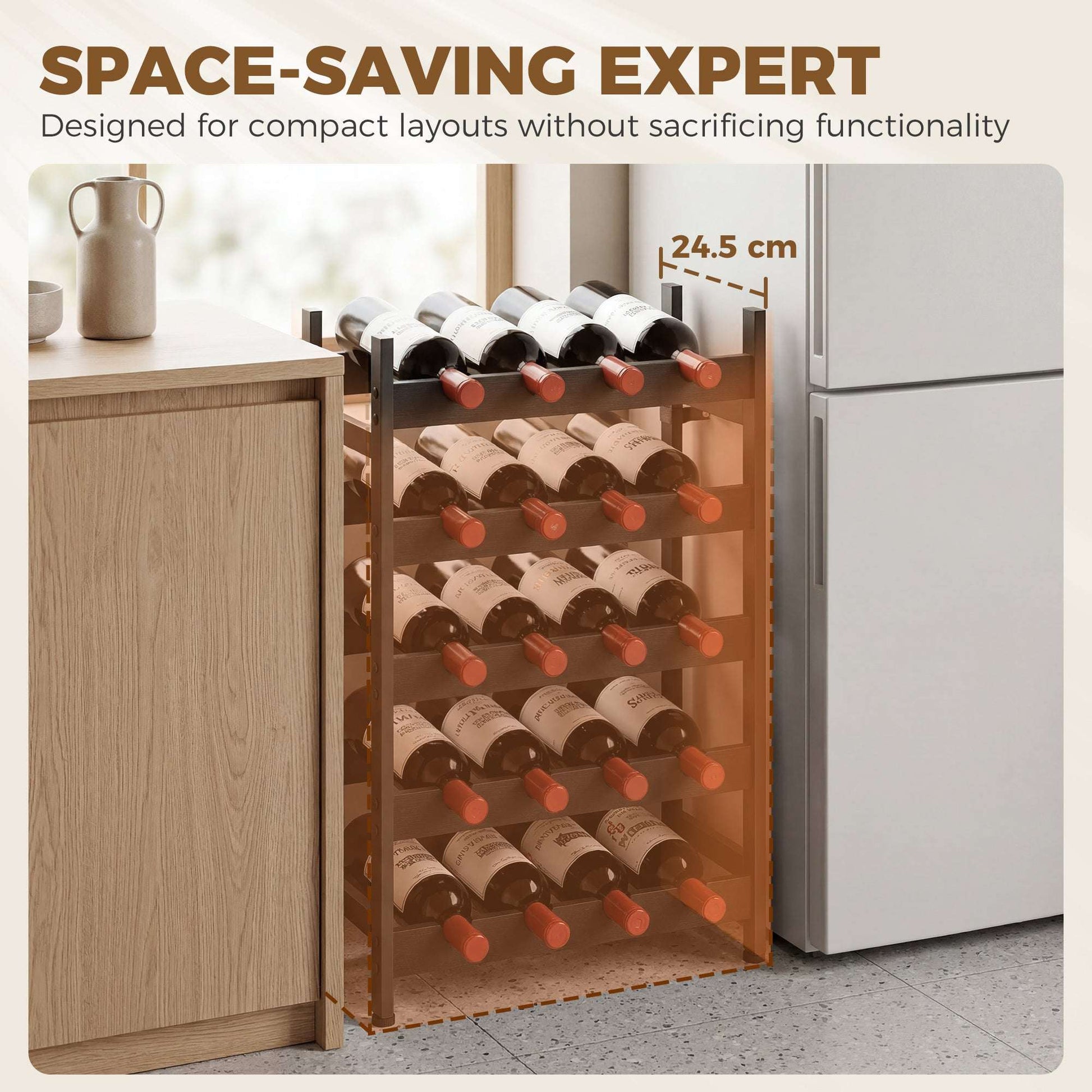Freestanding Wine Rack | 5-Tier | 20 Bottles | Industrial Steel | Wave Slats | Anti-Tip Strap | Adjustable Feet | Black