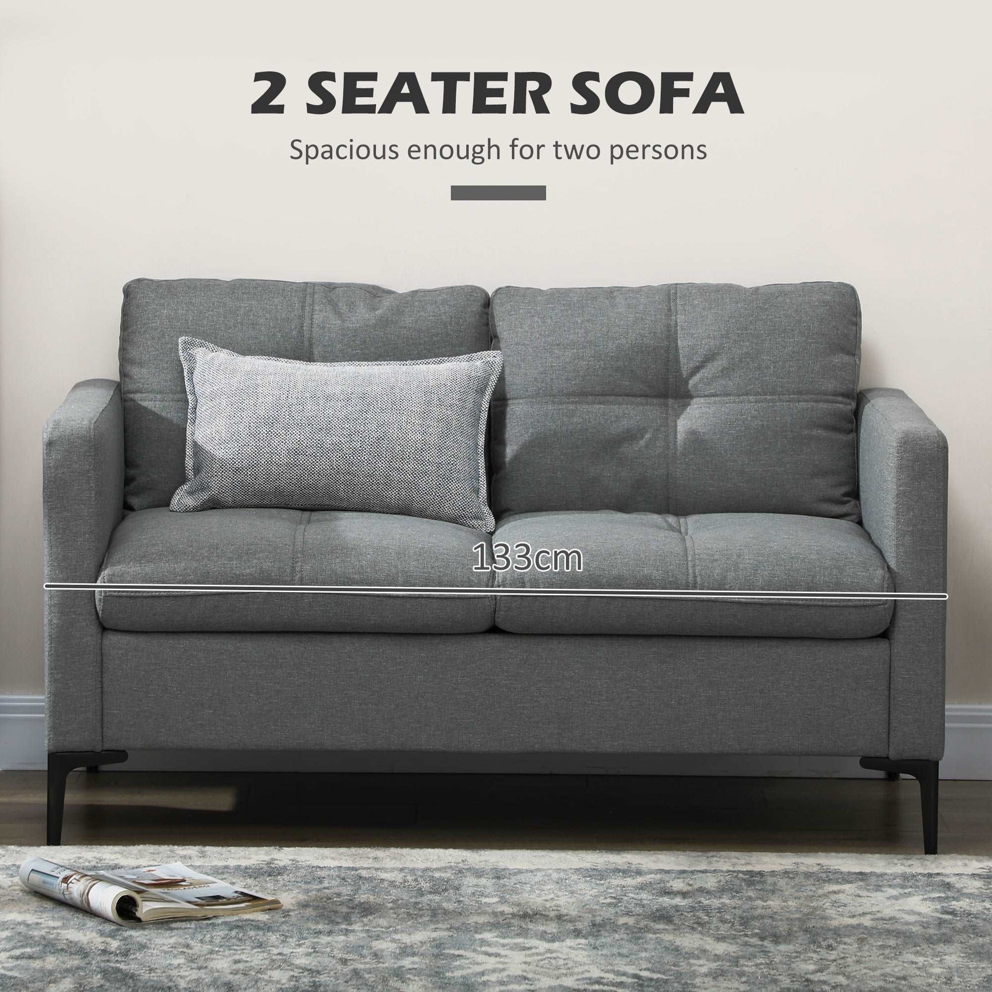 133cm Loveseat Sofa, Modern Fabric Couch with Steel Legs, Upholstered 2 Seater Sofa for Living Room, Bedroom, Dark Grey
